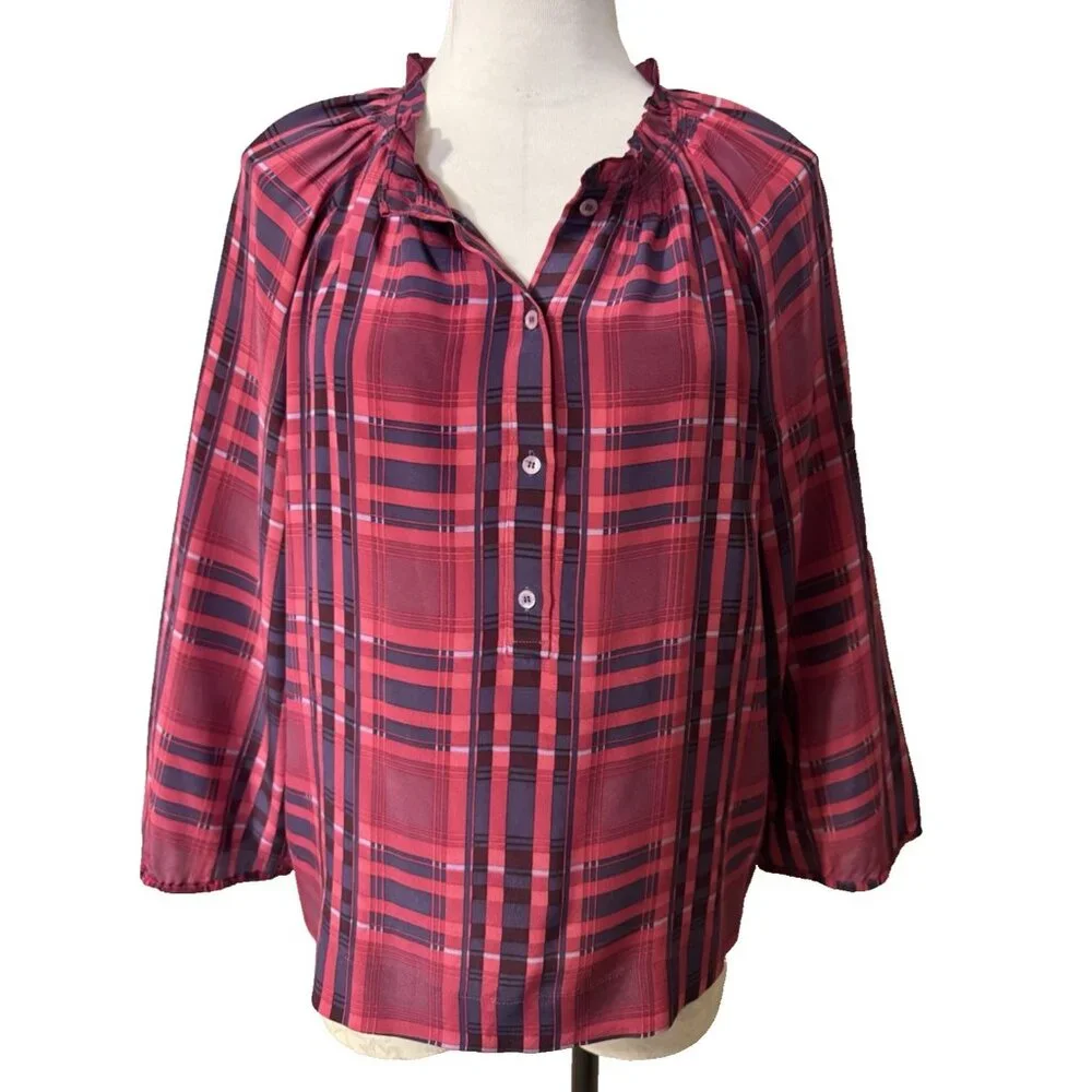 BCBGMAXAZRIA Top Blouse Shirt M Medium SILK Blue Berry Red Plaid Ruffle Trim